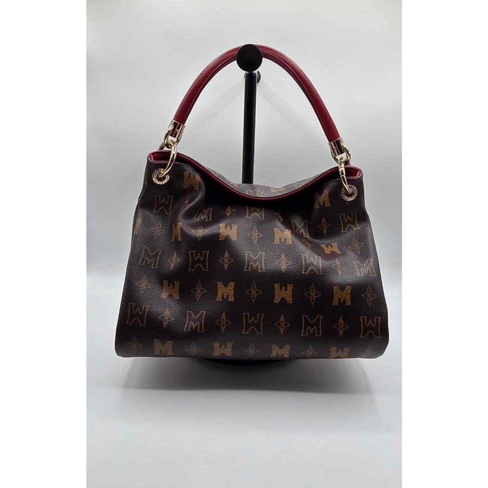 Metrocity Italy Monogram Hobo Shoulder Bag Brown Red Gold Hard Magnetic Closure